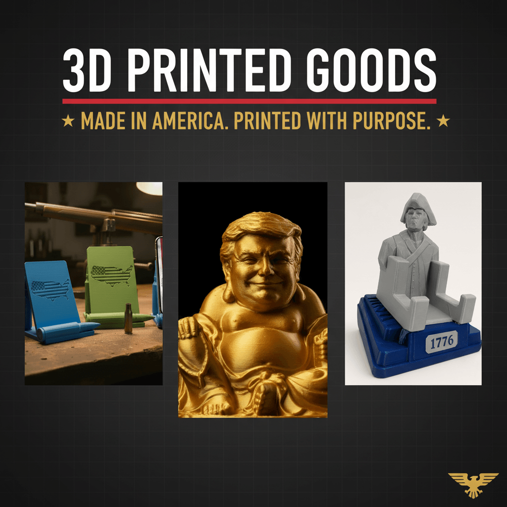 3D Printed Goods collection banner — bullet phone stand, Trump Buddha, and 1776 Minuteman controller stand, Made in America Printed with Purpose
