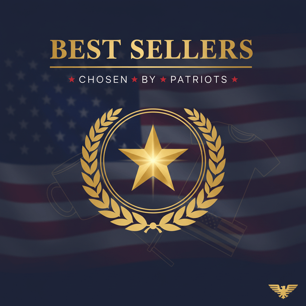 Best Sellers collection banner — gold laurel wreath with star, American flag background, Chosen by Patriots