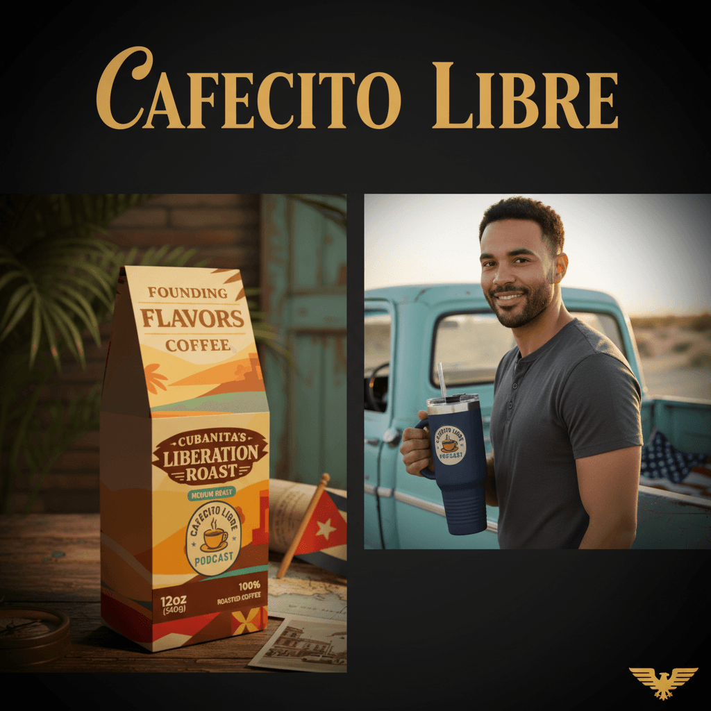 Cafecito Libre Collection banner — Cubanita's Liberation Roast coffee bag and Cafecito Libre tumbler at golden hour