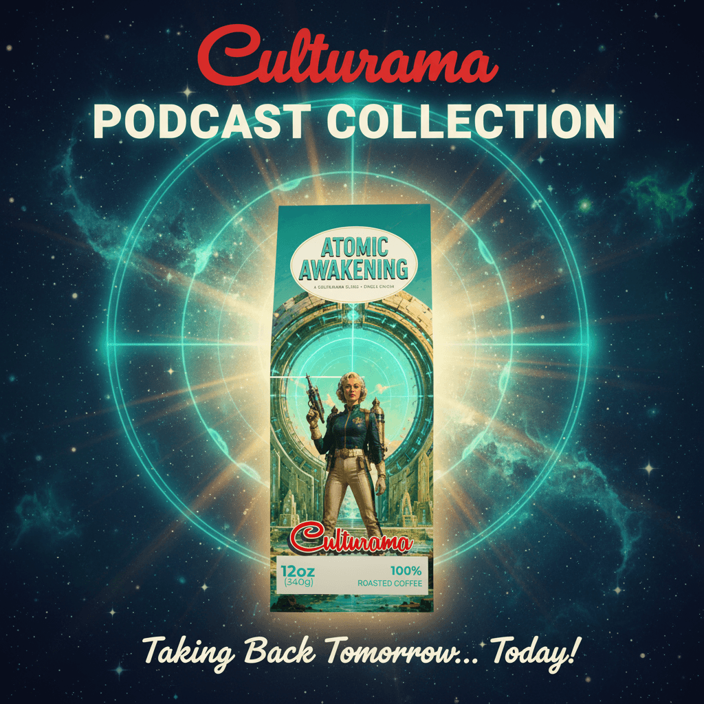 Culturama Podcast Collection banner — Atomic Awakening coffee bag, retro sci-fi space background, Taking Back Tomorrow Today