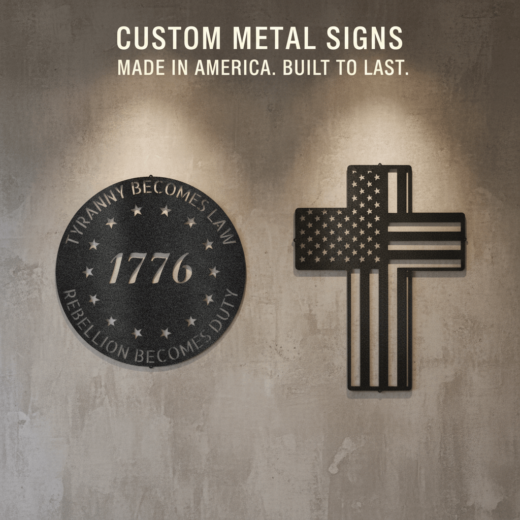 Custom Metal Signs collection banner — 1776 round steel sign and Flag Cross steel sign on concrete wall, Made in America Built to Last