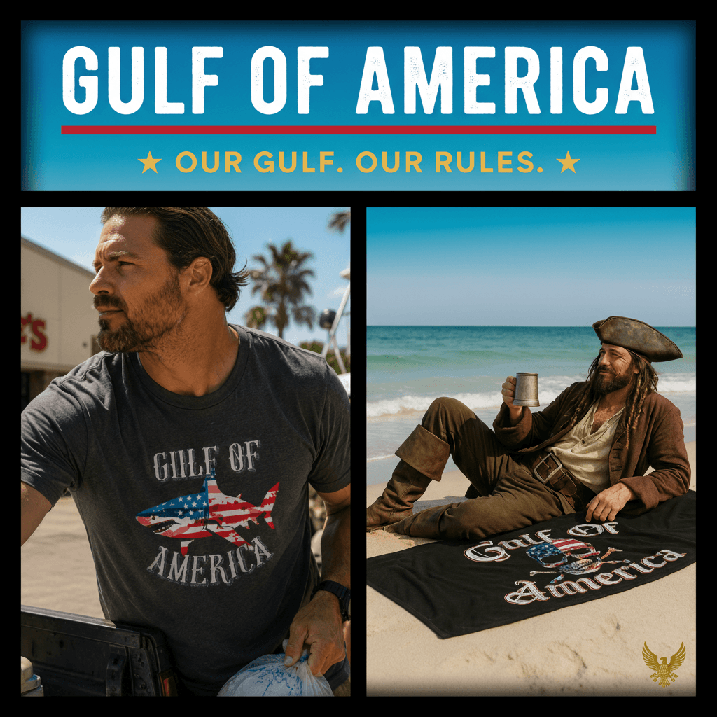 Gulf of America collection banner — shark tee at the marina and pirate on the beach with Gulf of America towel, Our Gulf Our Rules