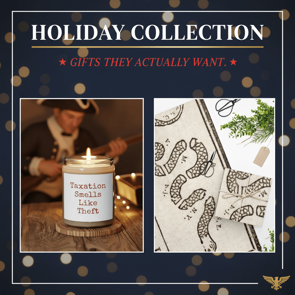 Holiday Collection banner — Taxation Smells Like Theft candle and Join or Die wrapping paper, Gifts They Actually Want