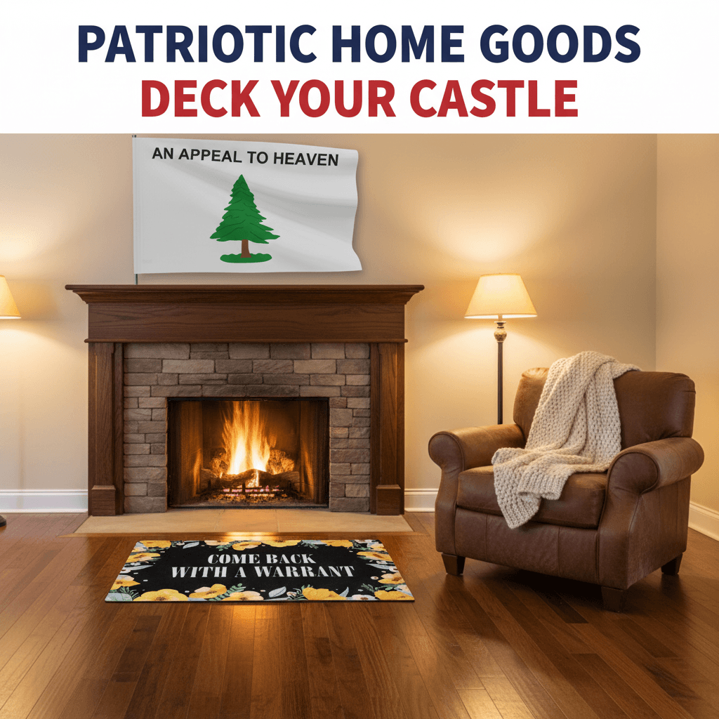 Patriotic Home Goods collection banner — Appeal to Heaven flag above fireplace, Come Back With a Warrant doormat on hardwood floor, Deck Your Castle