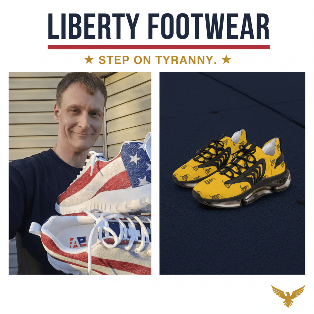 Liberty Footwear collection banner — Stars and Stripes sneakers lifestyle shot and Gadsden snake yellow sneakers, Step On Tyranny