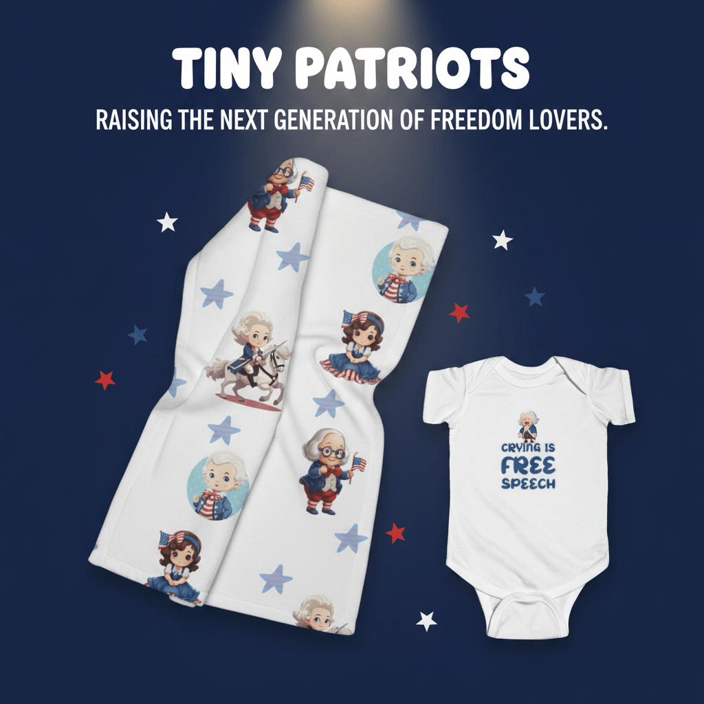 Tiny Patriots collection banner — founding fathers baby blanket and Crying Is Free Speech onesie on navy background, Raising the Next Generation of Freedom Lovers