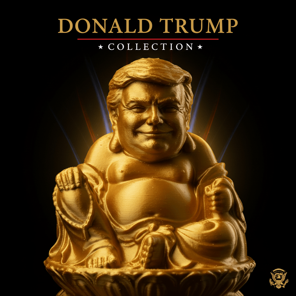 Donald Trump Collection banner — Ultra MAGA Trump Buddha gold statue on black background with presidential typography