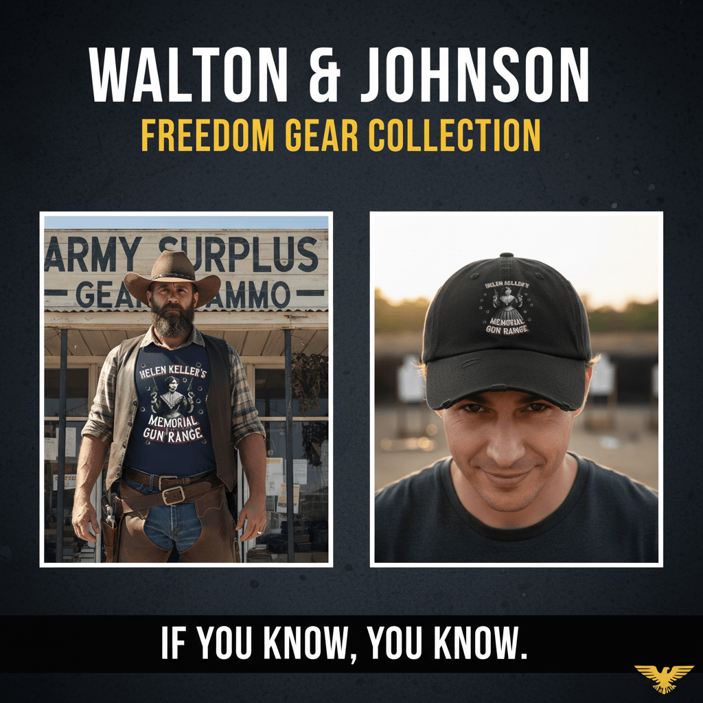 Walton & Johnson Freedom Gear Collection banner — Helen Keller Memorial Gun Range tee and hat, If You Know You Know