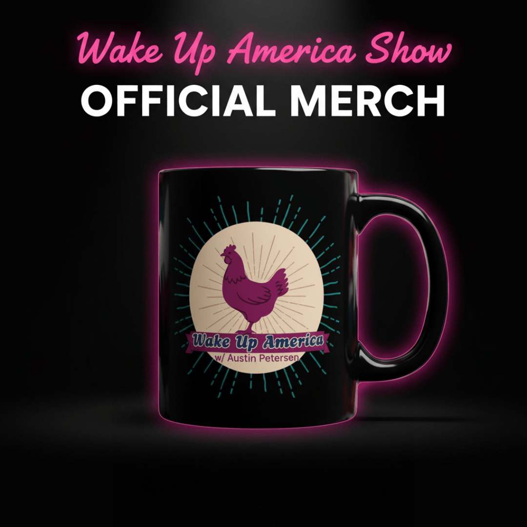 Wake Up America Show Official Merch banner — black rooster mug with hot pink neon glow, Wake Up America w/ Austin Petersen