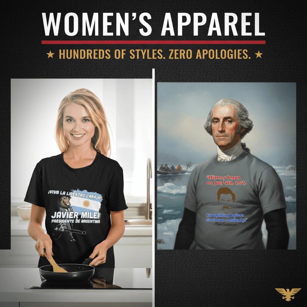 Women's Apparel collection banner — Viva La Libertad Carajo tee and Washington in Ron Swanson tee, Hundreds of Styles Zero Apologies