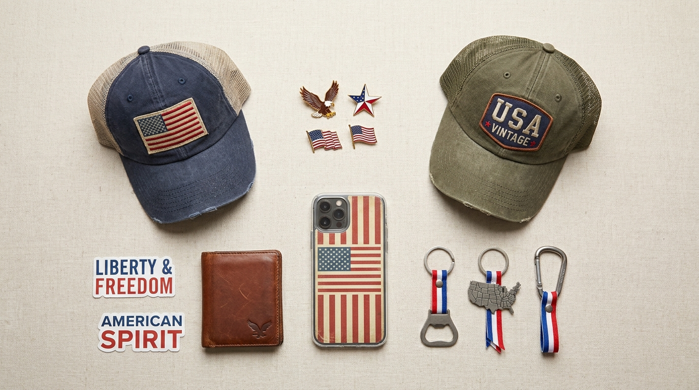Patriotic accessories collection — hats, pins, stickers, wallets and keychains