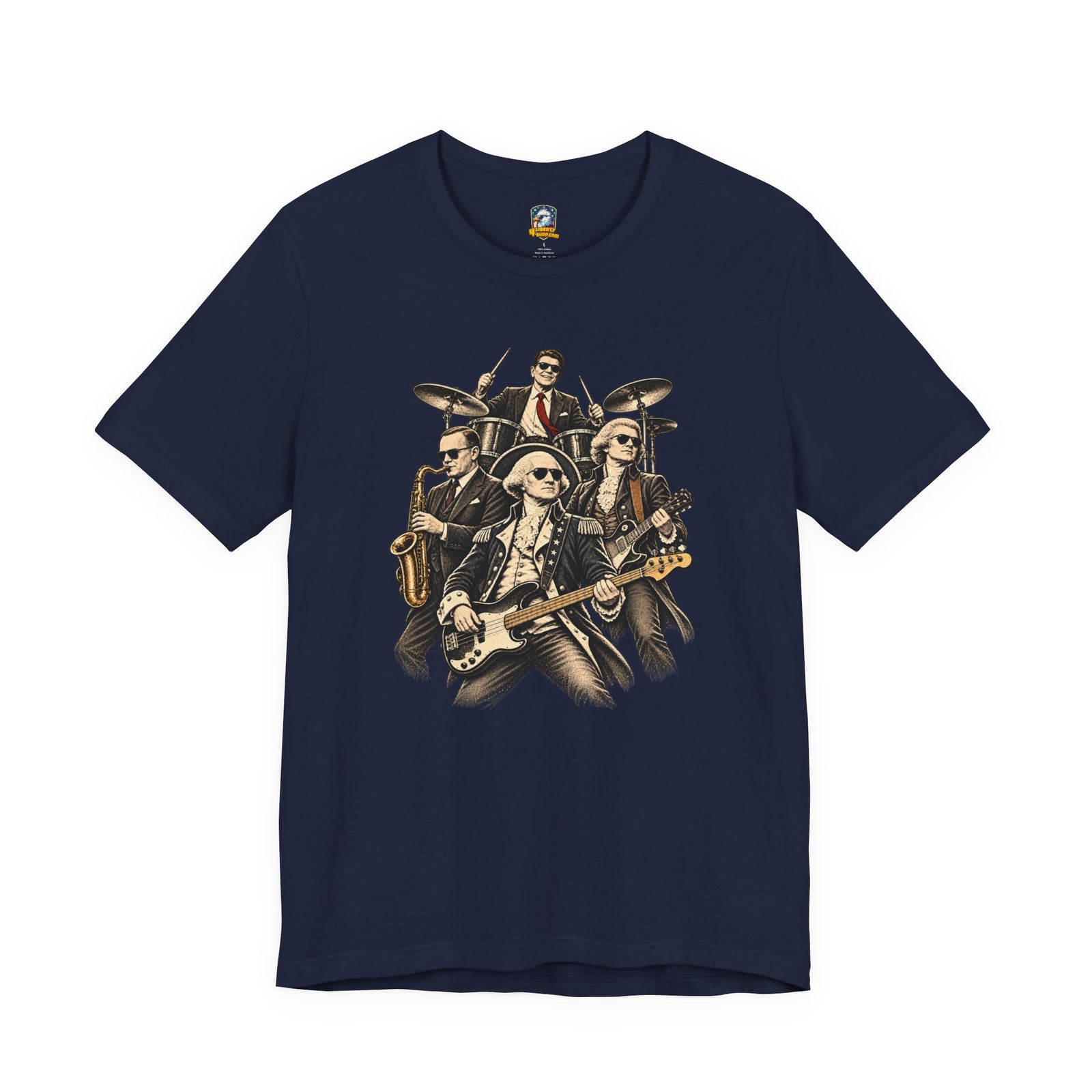Washington, Jefferson, Reagan & Coolidge Rock Band Tee — Founding Fathers Vintage Musician Graphic T-Shirt - 4LibertyShop.com