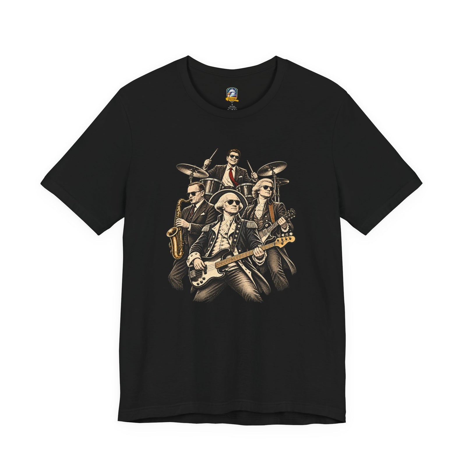 Washington, Jefferson, Reagan & Coolidge Rock Band Tee — Founding Fathers Vintage Musician Graphic T-Shirt - 4LibertyShop.com