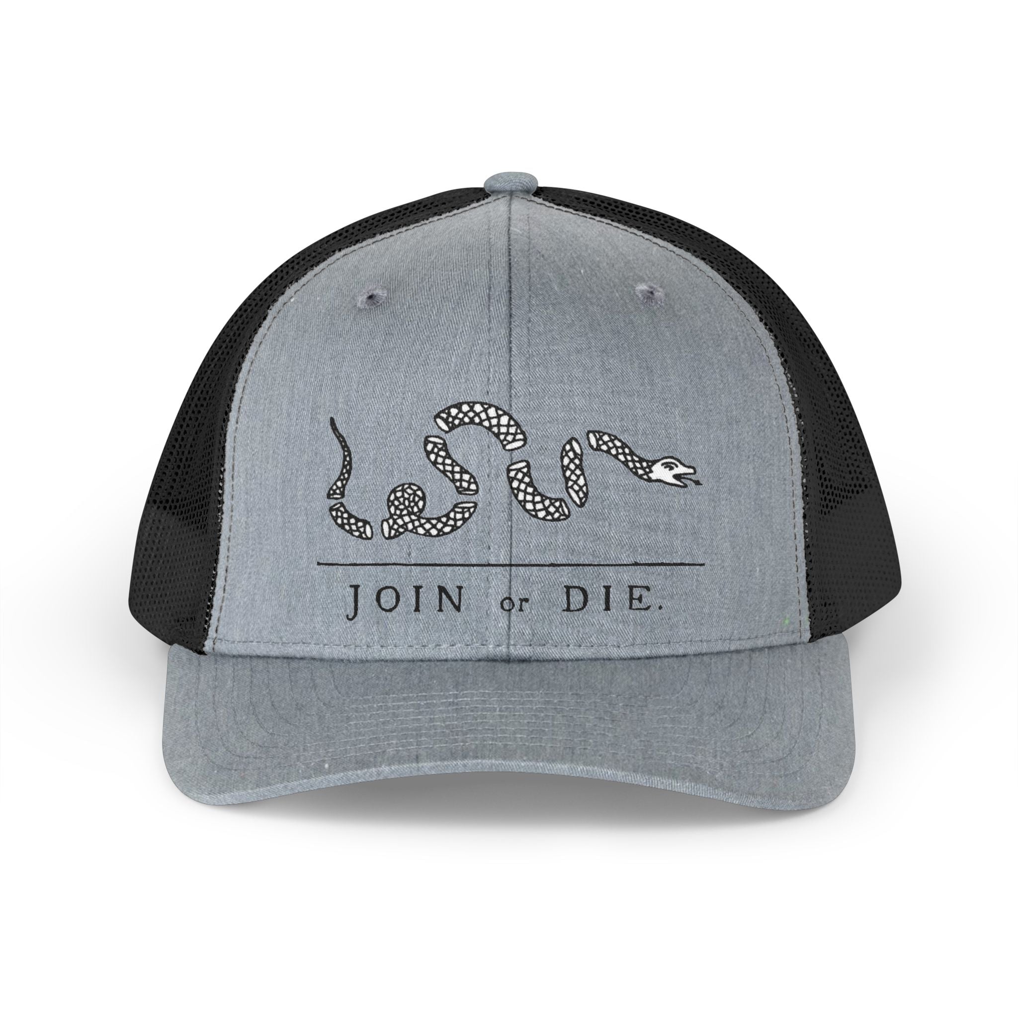 Join or Die Trucker Hat — Retro Colonial Snake Mesh Cap