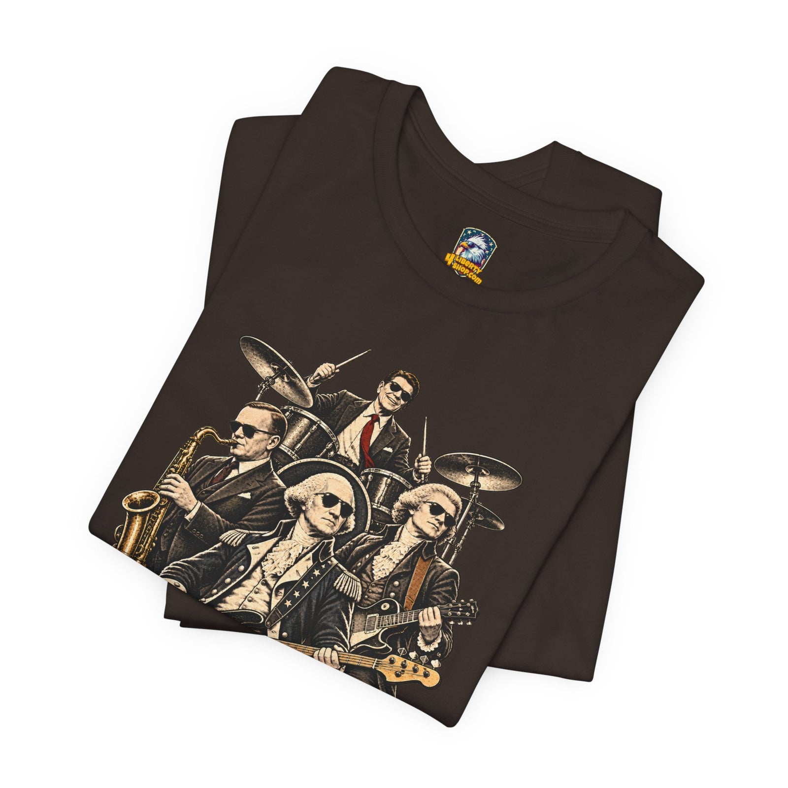 Washington, Jefferson, Reagan & Coolidge Rock Band Tee — Founding Fathers Vintage Musician Graphic T-Shirt - 4LibertyShop.com
