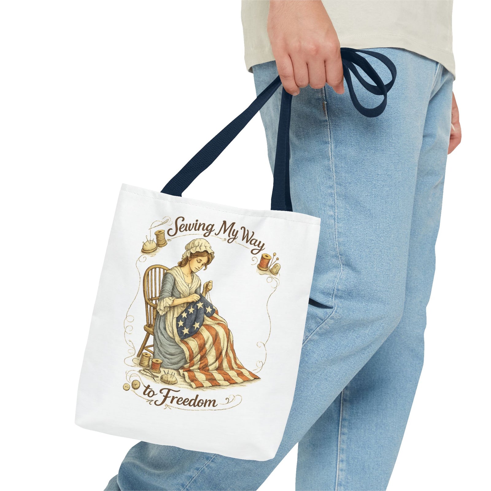 Sewing My Way to Freedom Tote Bag — Patriotic Quilter Gift