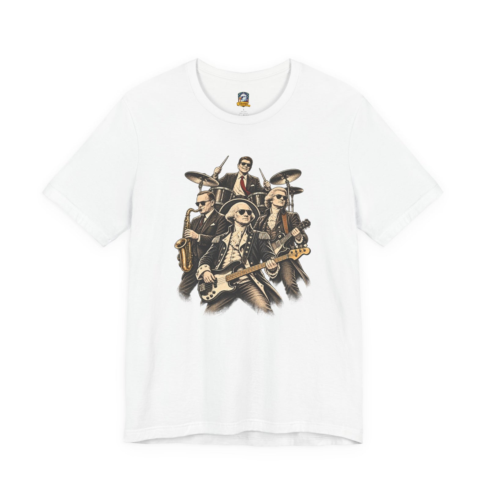 Washington, Jefferson, Reagan & Coolidge Rock Band Tee — Founding Fathers Vintage Musician Graphic T-Shirt - 4LibertyShop.com
