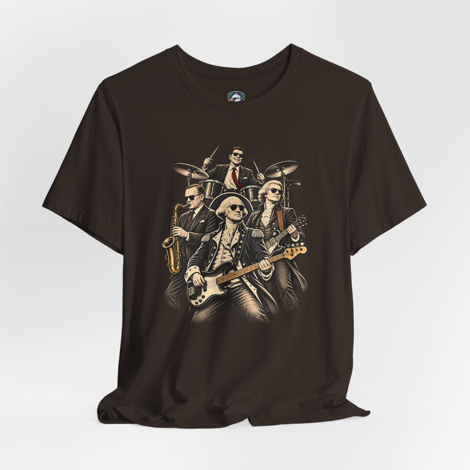 Washington, Jefferson, Reagan & Coolidge Rock Band Tee — Founding Fathers Vintage Musician Graphic T-Shirt - 4LibertyShop.com