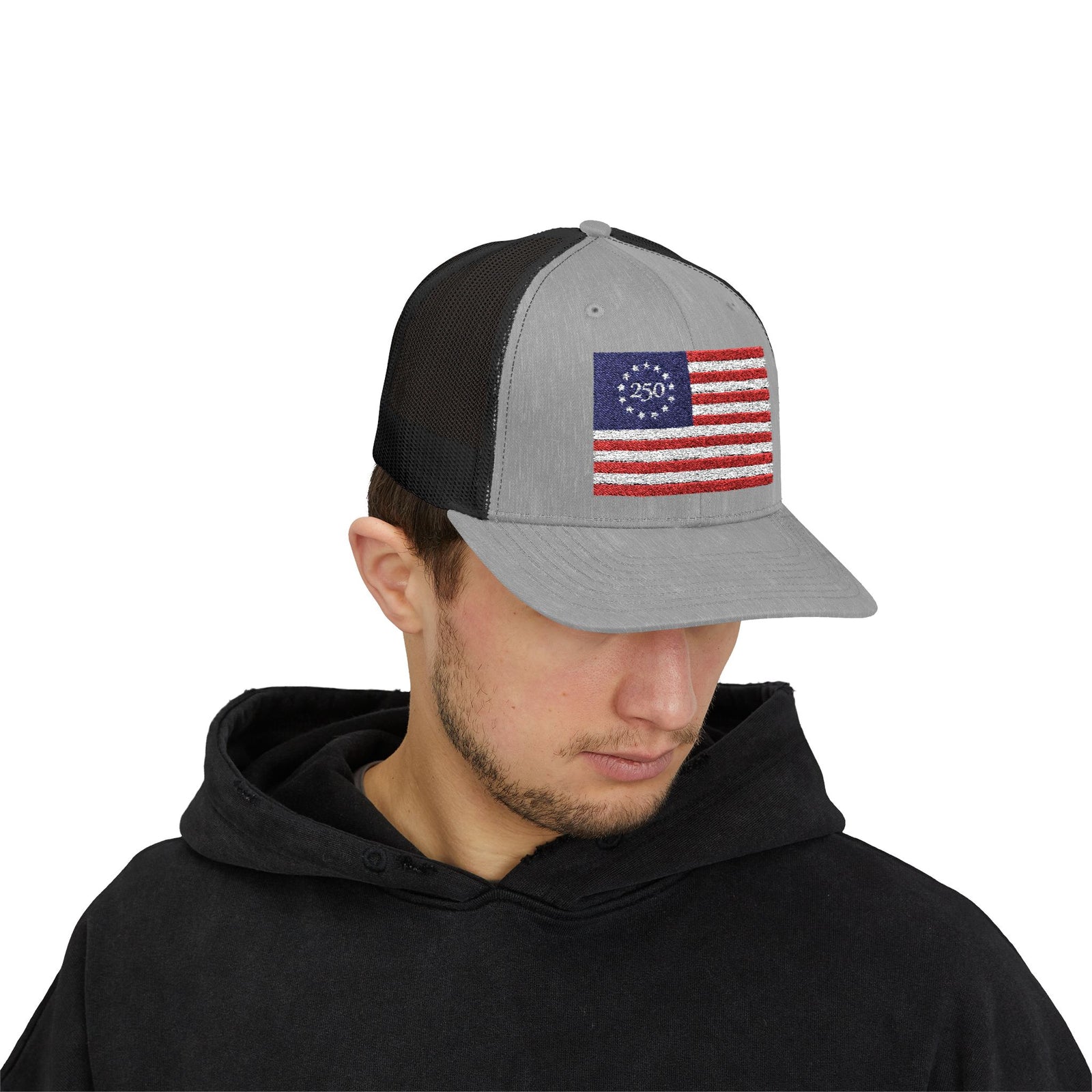 Betsy Ross Flag Snapback Trucker Cap — 250th Anniversary Vintage 13-Star American Flag Hat