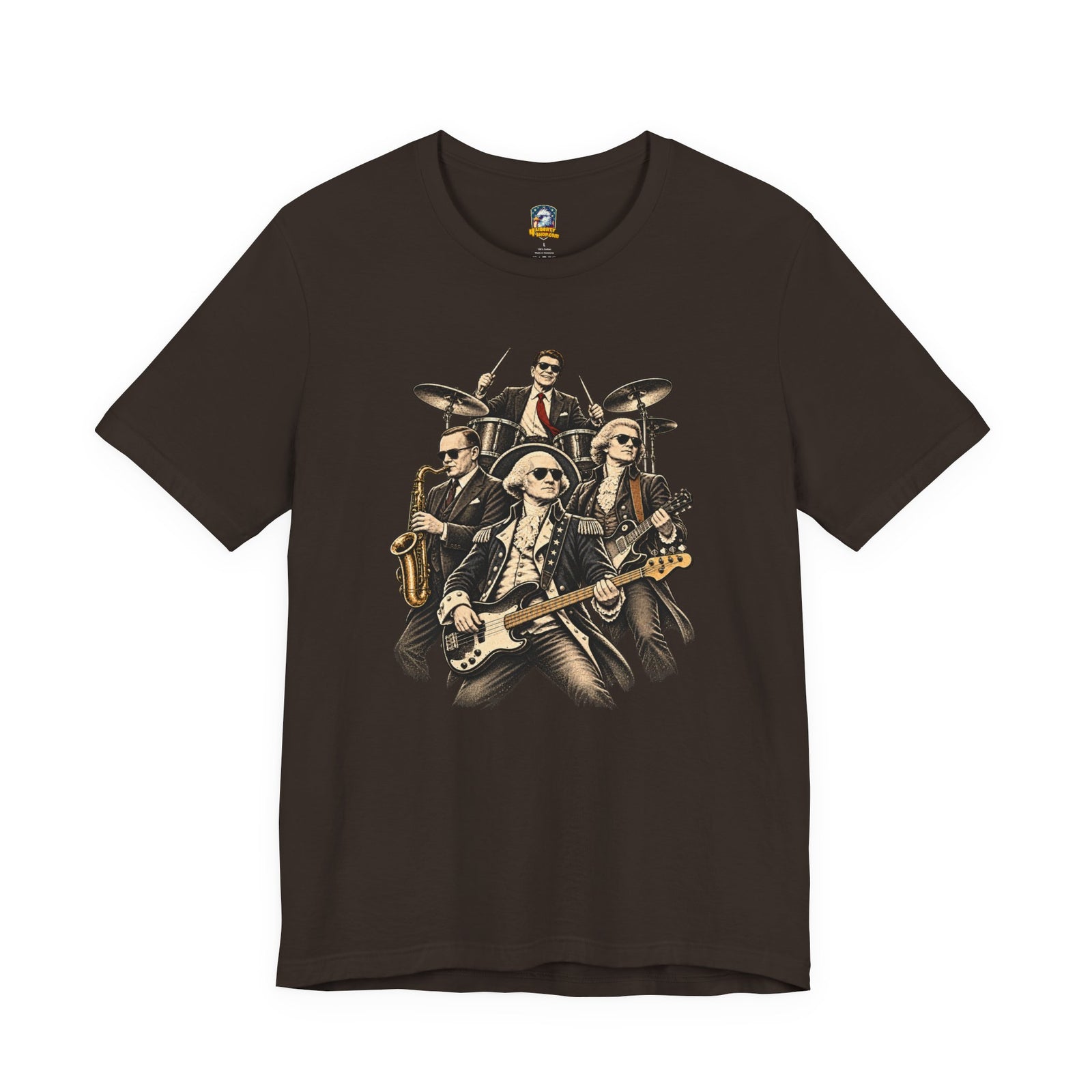 Washington, Jefferson, Reagan & Coolidge Rock Band Tee — Founding Fathers Vintage Musician Graphic T-Shirt - 4LibertyShop.com