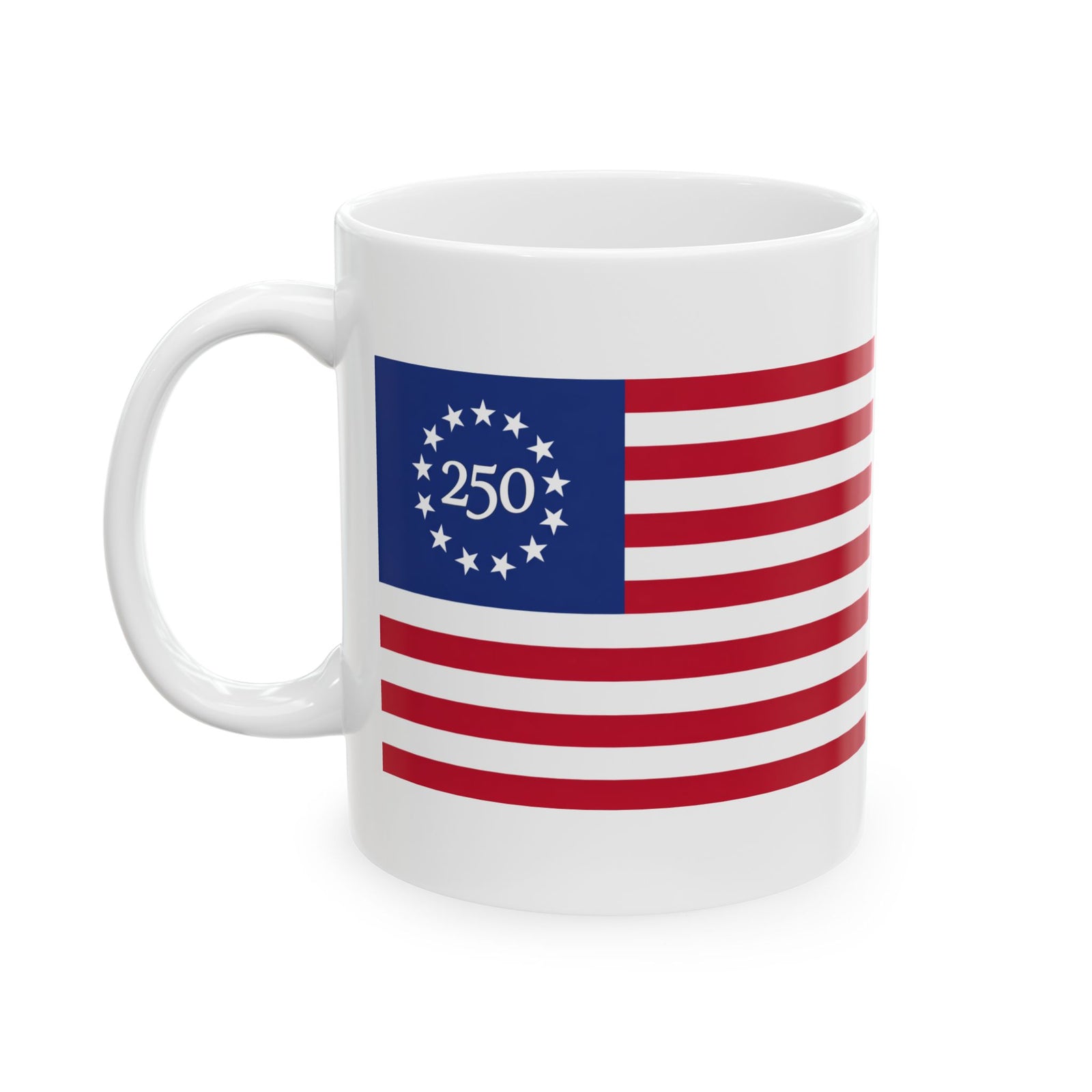 Walton & Johnson: Betsy Ross 250th Anniversary Ceramic Mug – Patriotic American Flag Coffee Cup (11oz/15oz)