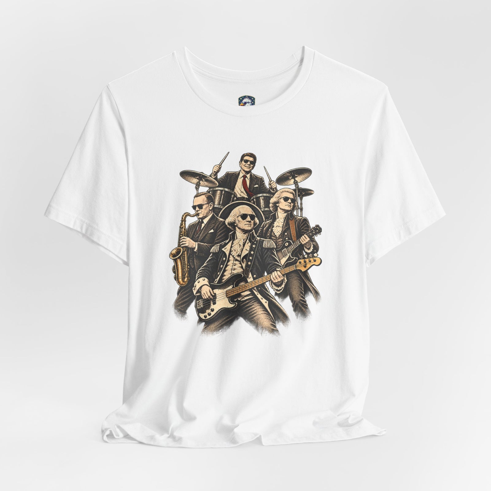 Washington, Jefferson, Reagan & Coolidge Rock Band Tee — Founding Fathers Vintage Musician Graphic T-Shirt - 4LibertyShop.com