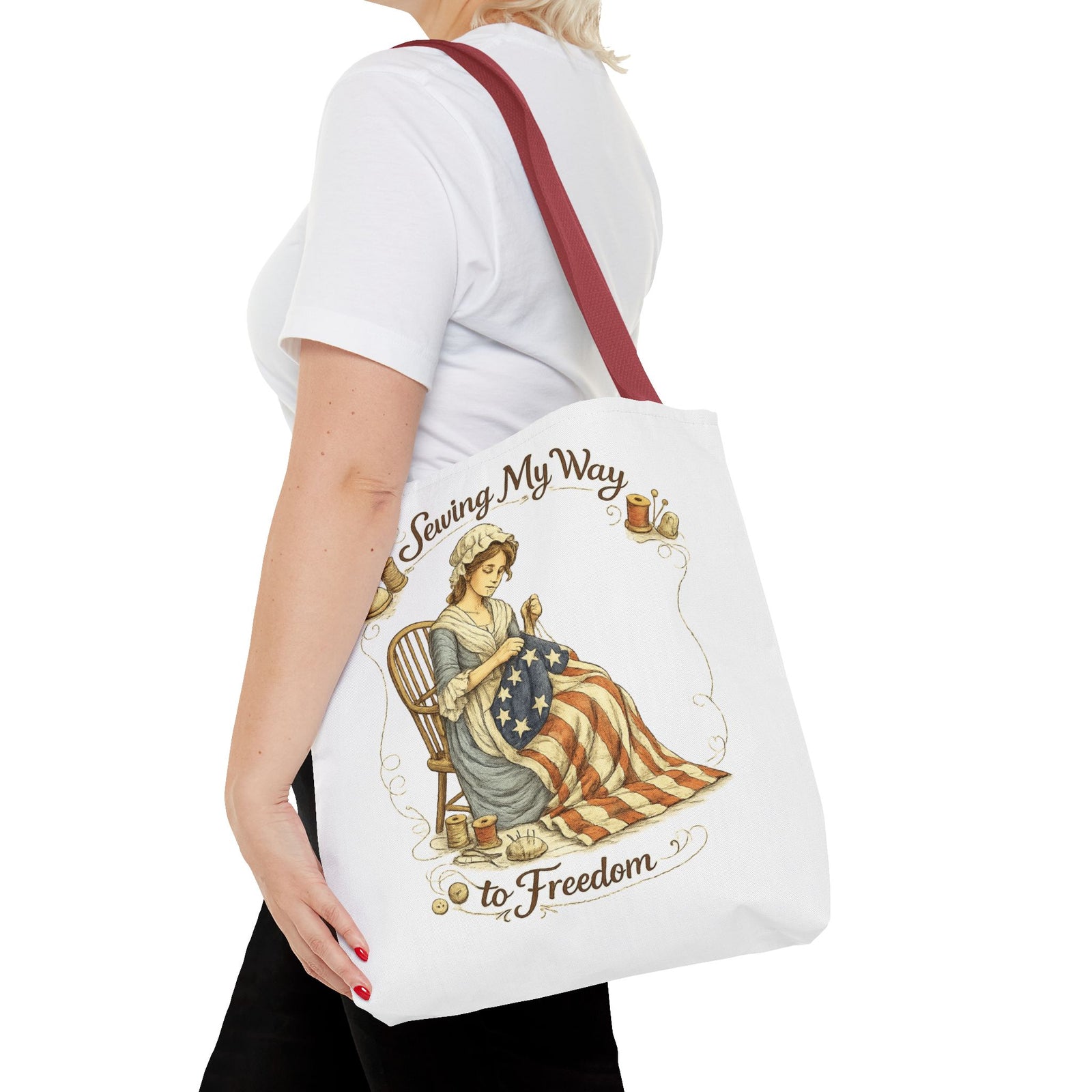 Sewing My Way to Freedom Tote Bag — Patriotic Quilter Gift