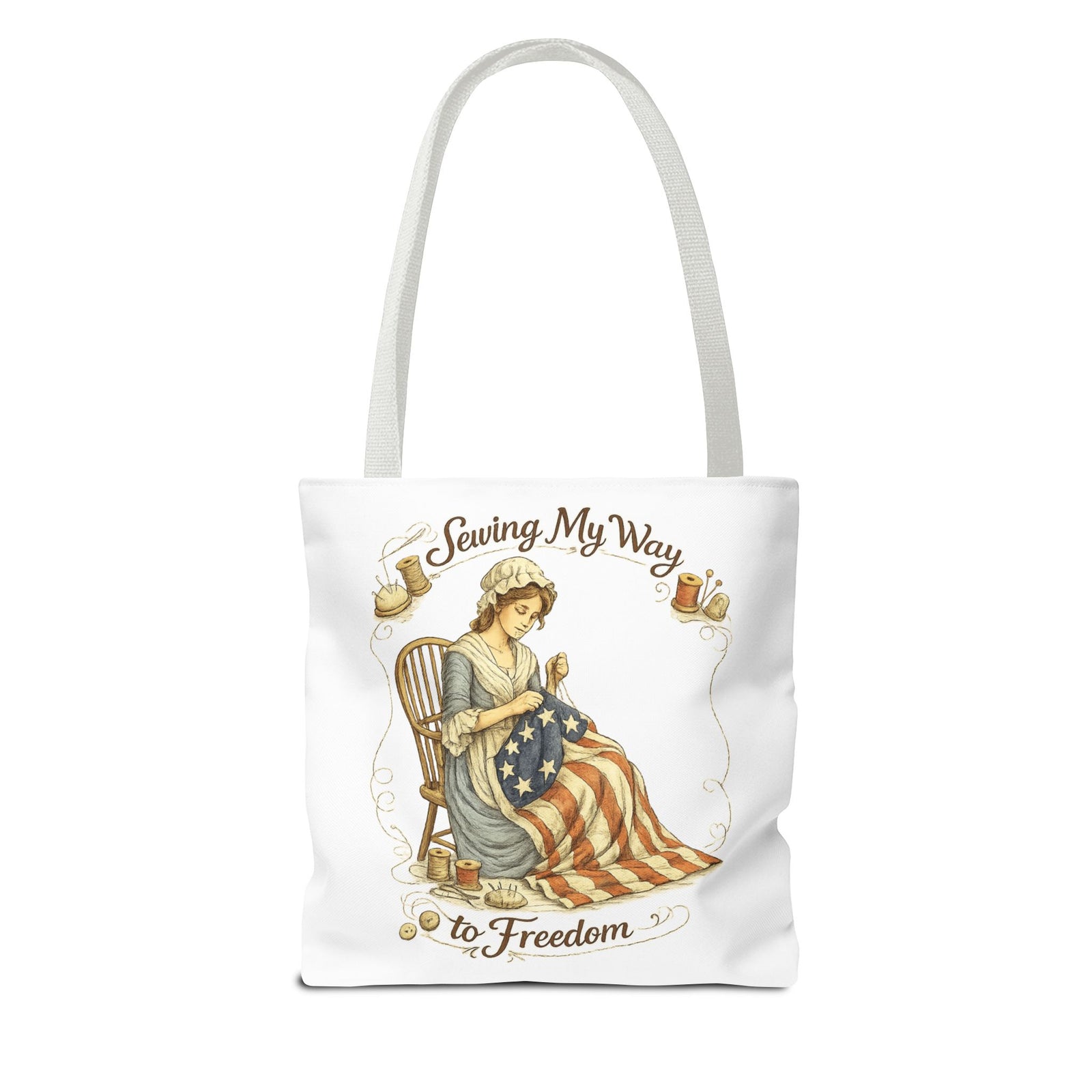 Sewing My Way to Freedom Tote Bag — Patriotic Quilter Gift