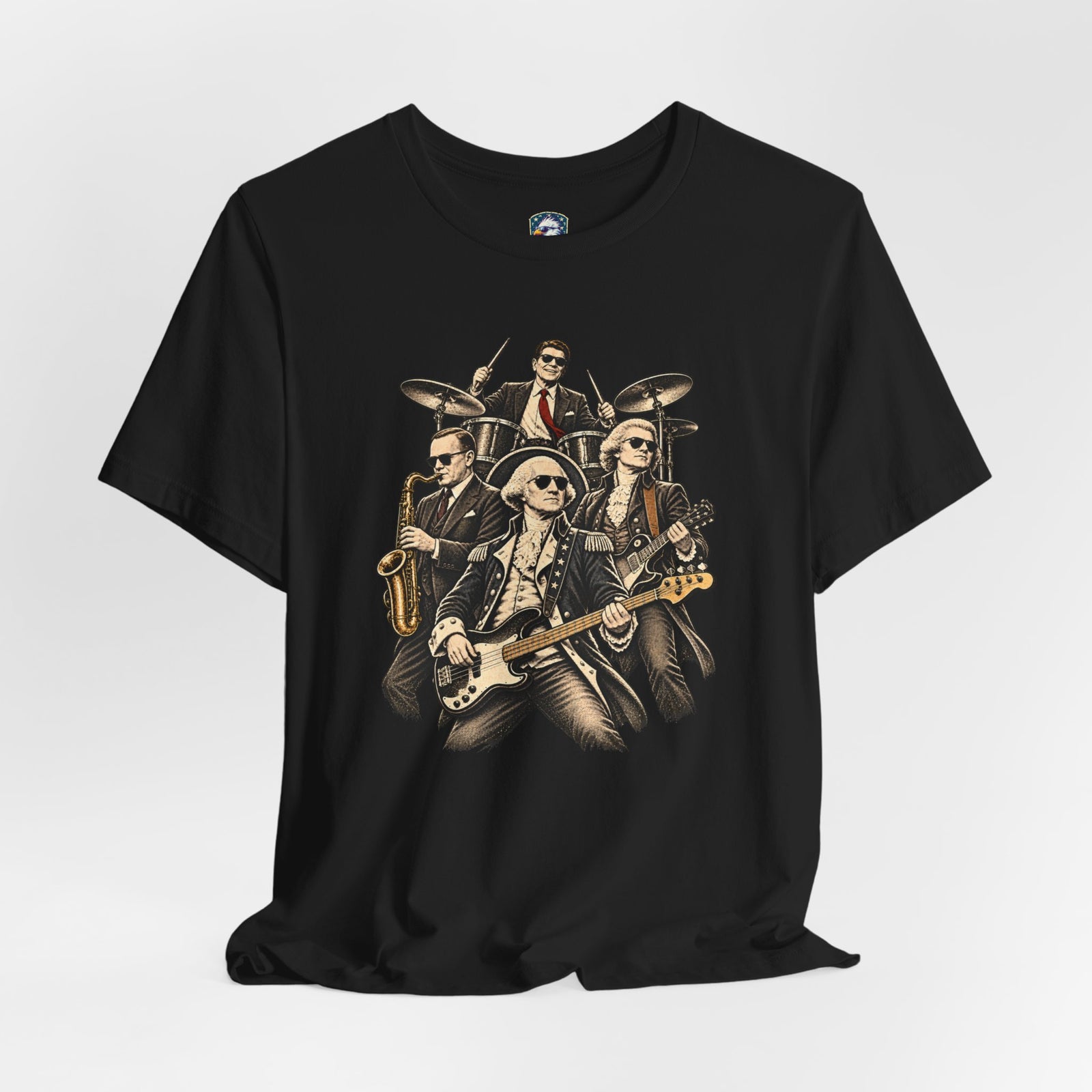 Washington, Jefferson, Reagan & Coolidge Rock Band Tee — Founding Fathers Vintage Musician Graphic T-Shirt - 4LibertyShop.com