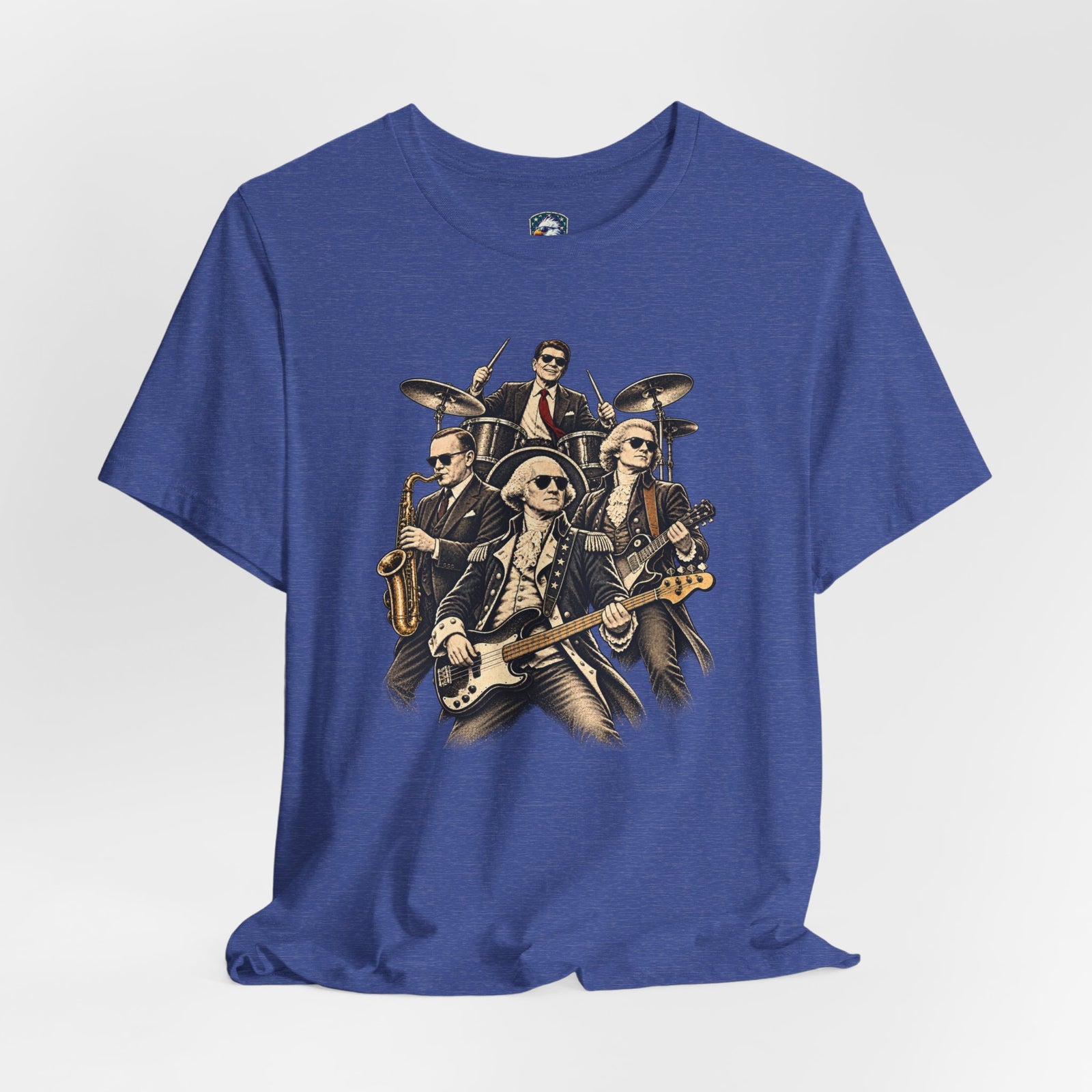 Washington, Jefferson, Reagan & Coolidge Rock Band Tee — Founding Fathers Vintage Musician Graphic T-Shirt - 4LibertyShop.com
