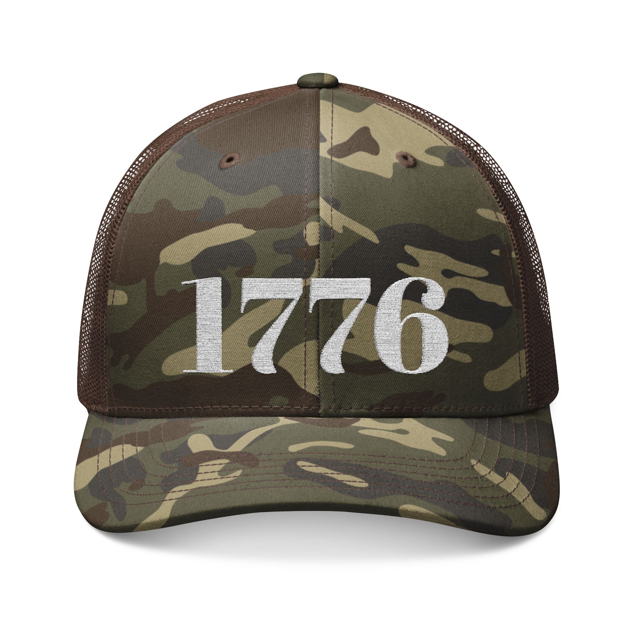 1776 Camo Trucker Hat — Embroidered Patriotic Mesh Cap