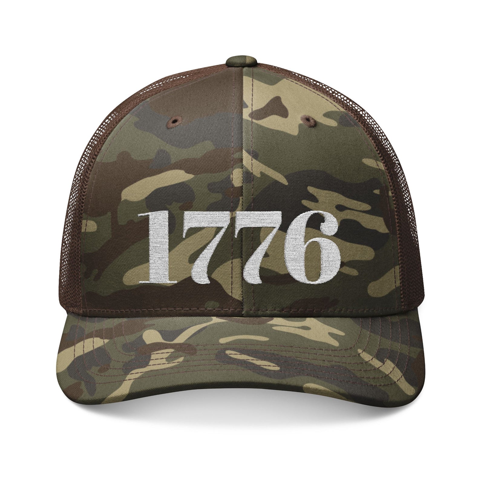 1776 Camo Trucker Hat — Embroidered Patriotic Mesh Cap