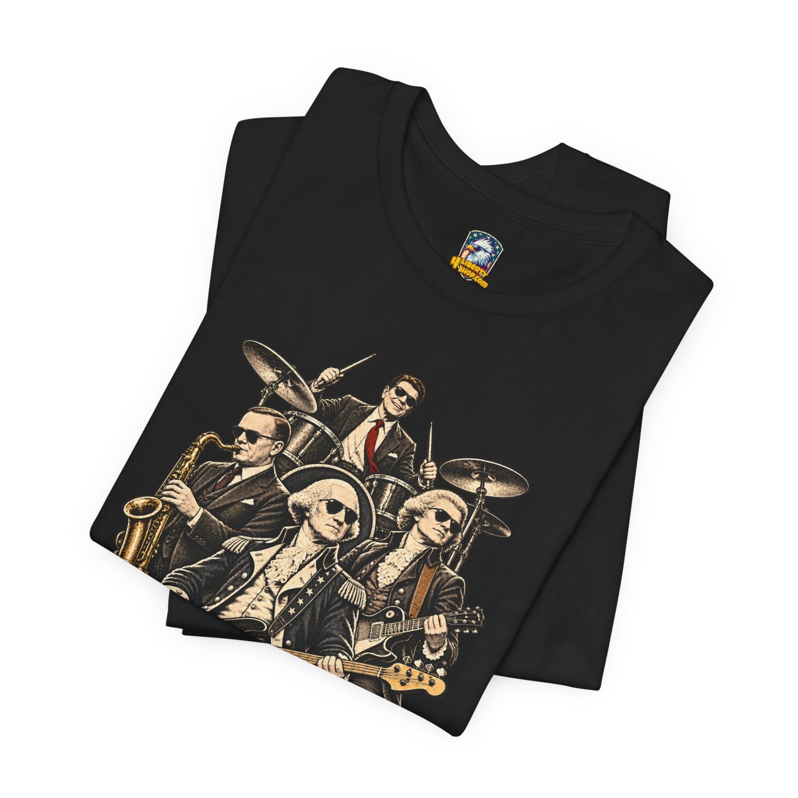 Washington, Jefferson, Reagan & Coolidge Rock Band Tee — Founding Fathers Vintage Musician Graphic T-Shirt - 4LibertyShop.com