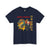 Navy blue t-shirt with dragon and person graphic and text on a white background