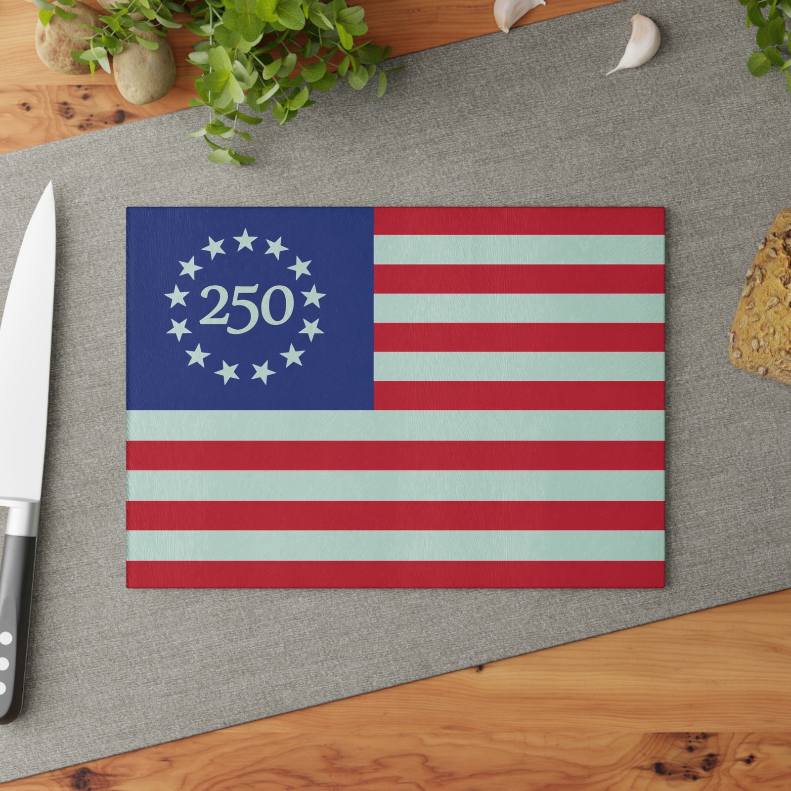 250th Anniversary American Flag Glass Cutting Board — Patriotic Kitchen Decor