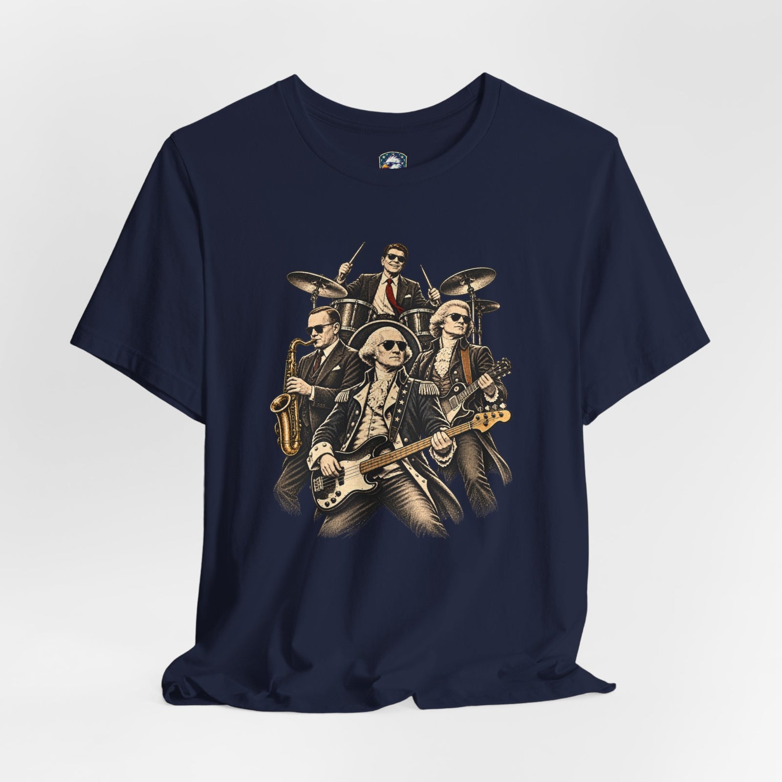 Washington, Jefferson, Reagan & Coolidge Rock Band Tee — Founding Fathers Vintage Musician Graphic T-Shirt - 4LibertyShop.com