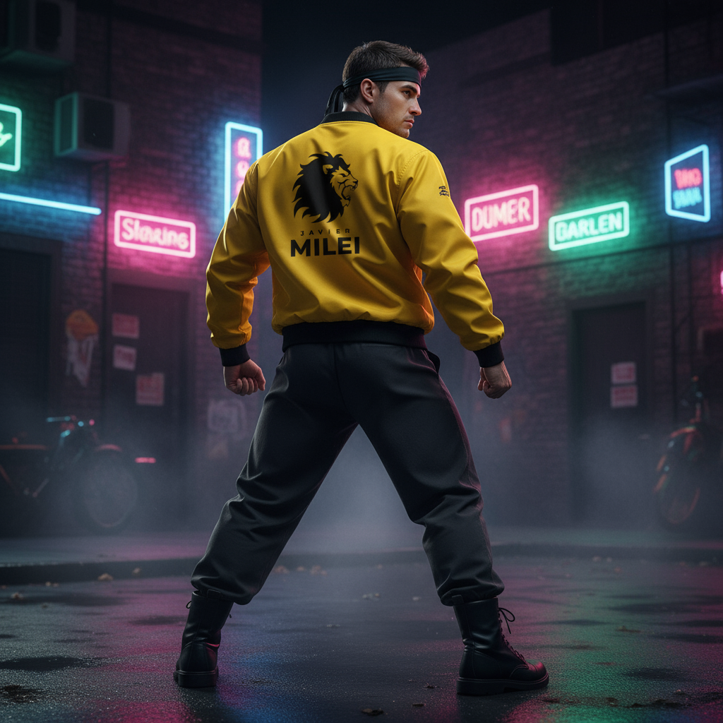 1980s martial artist showing Javier Milei bomber jacket back with clean sleeves