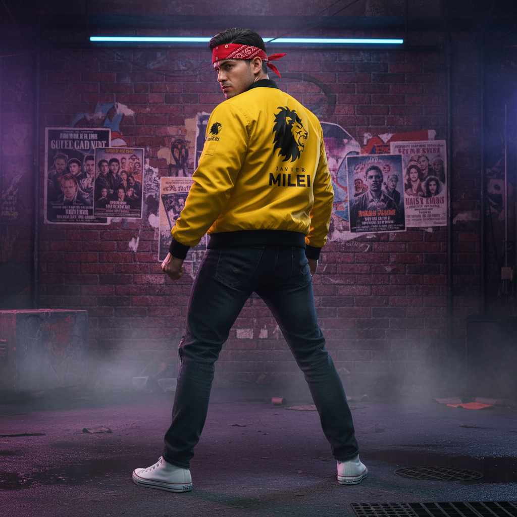 1980s martial artist street fighter showing back of Javier Milei bomber jacket with lion