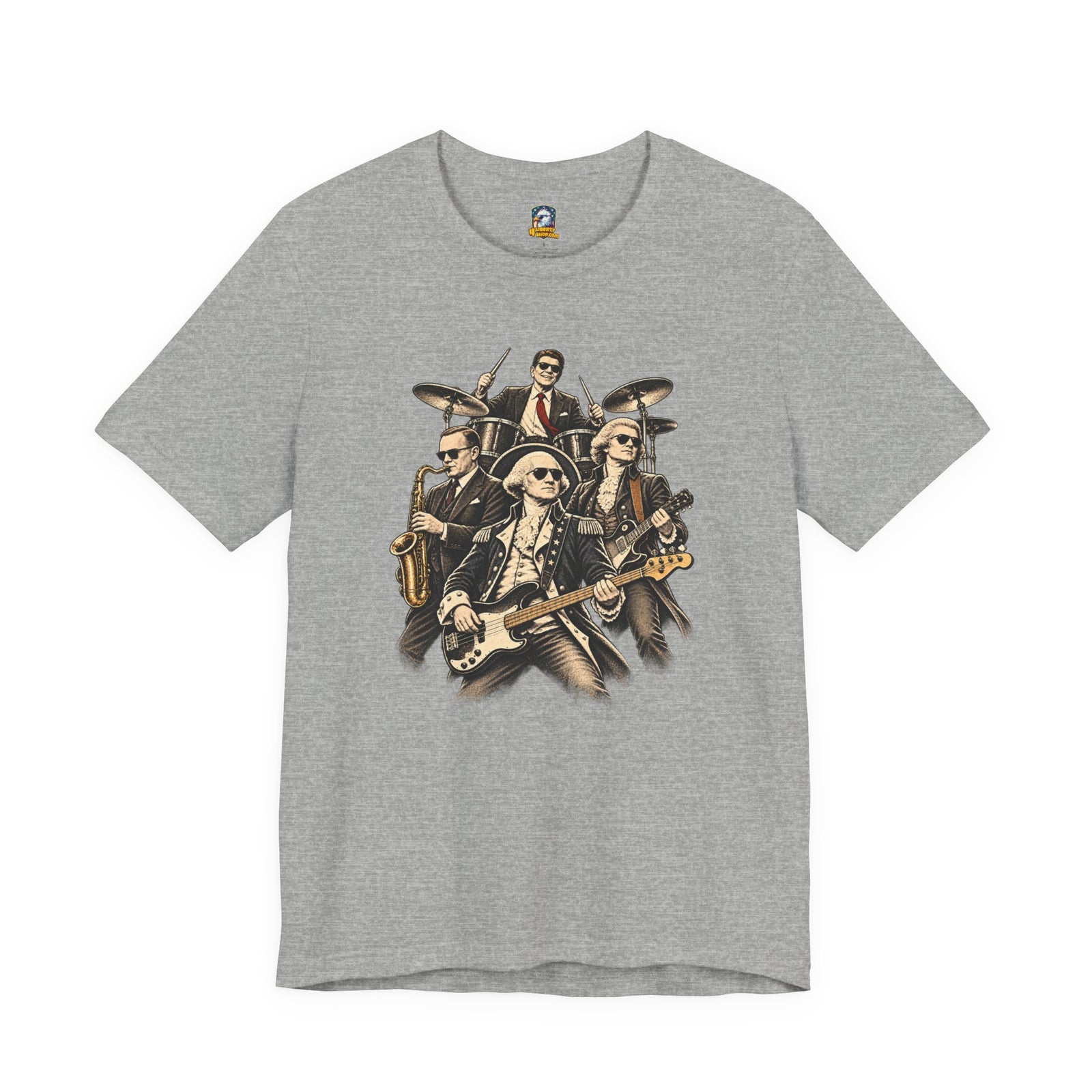 Washington, Jefferson, Reagan & Coolidge Rock Band Tee — Founding Fathers Vintage Musician Graphic T-Shirt - 4LibertyShop.com