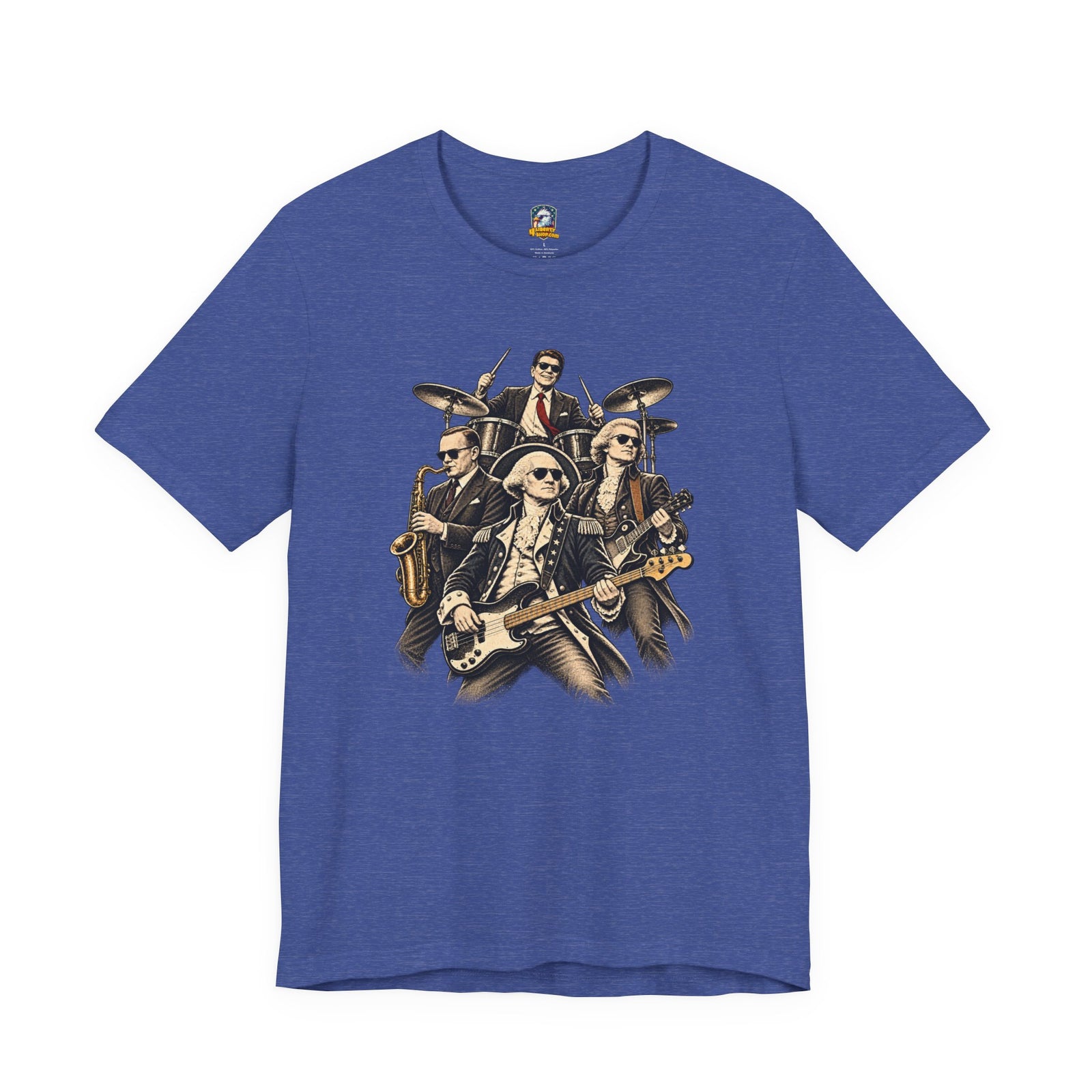 Washington, Jefferson, Reagan & Coolidge Rock Band Tee — Founding Fathers Vintage Musician Graphic T-Shirt - 4LibertyShop.com