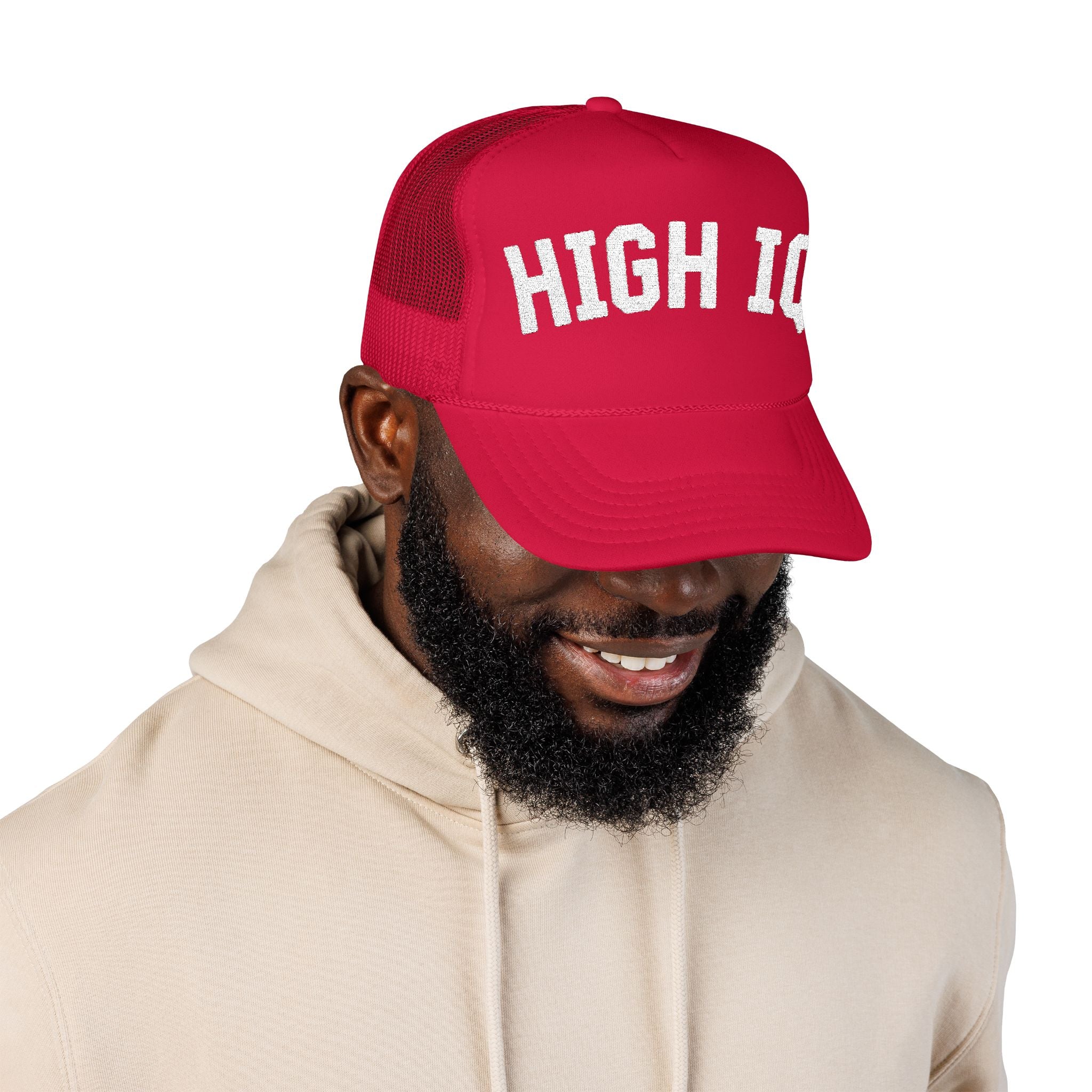 High IQ Foam Trucker Hat — Vintage Lettering Mesh Cap