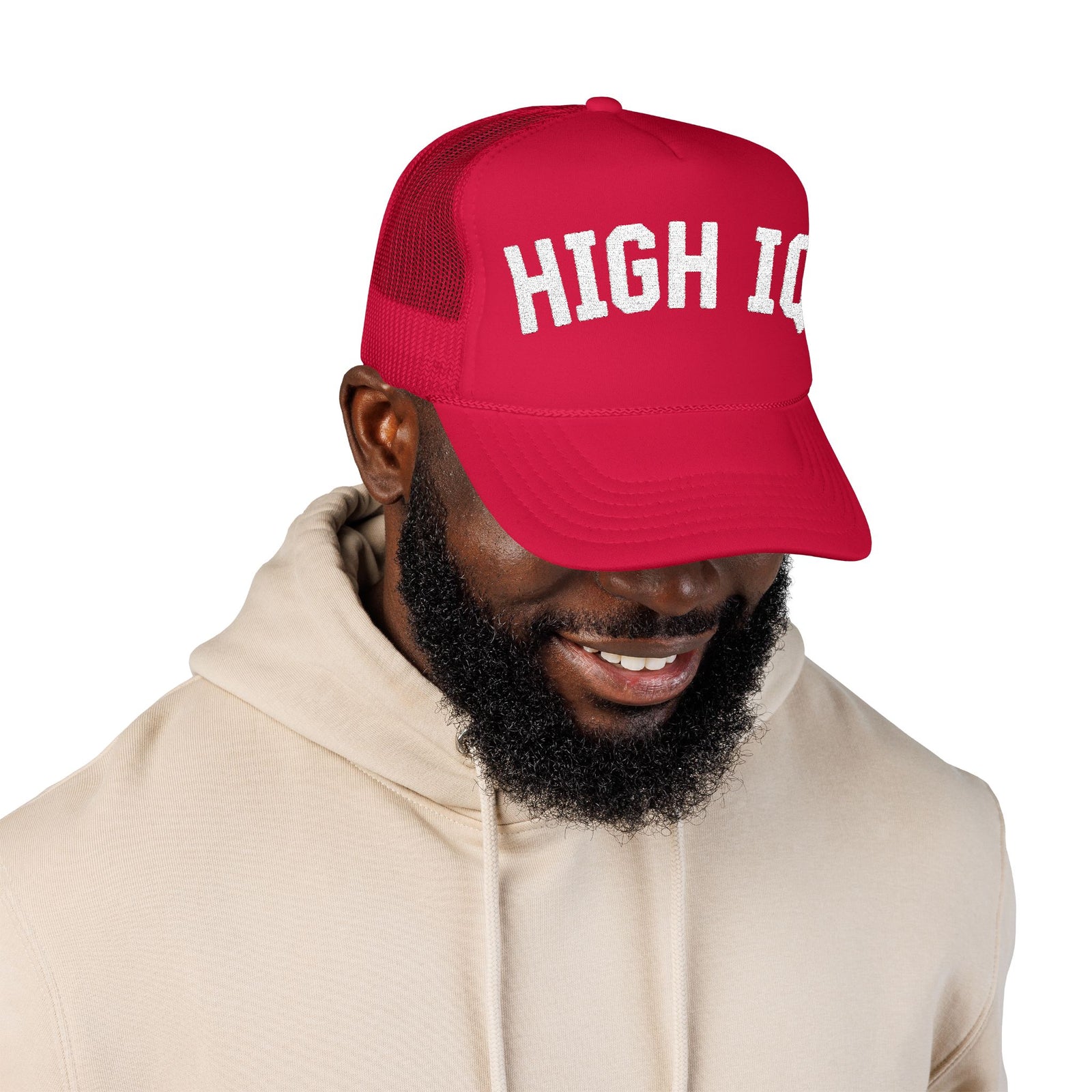 High IQ Foam Trucker Hat — Vintage Lettering Mesh Cap