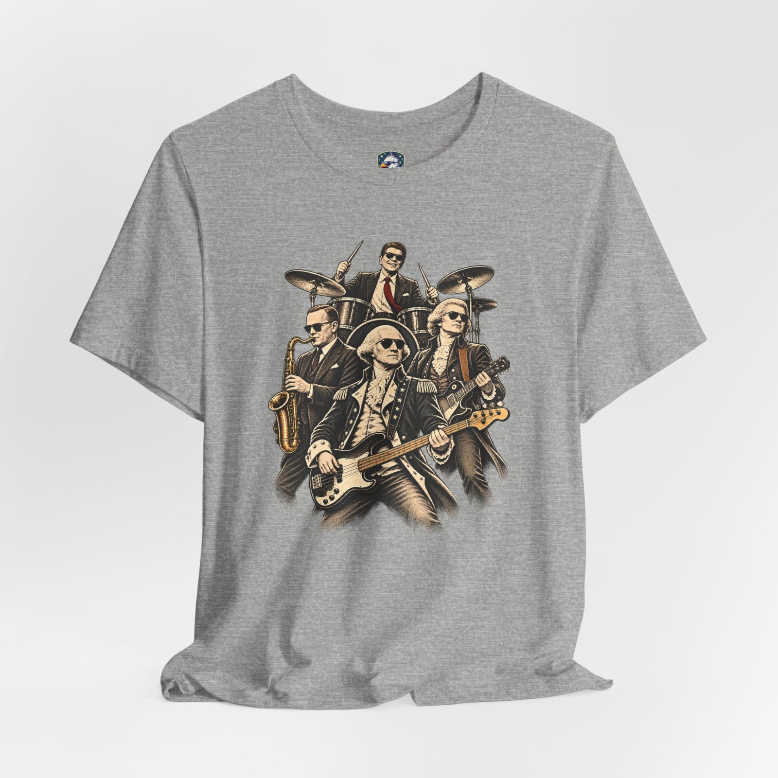 Washington, Jefferson, Reagan & Coolidge Rock Band Tee — Founding Fathers Vintage Musician Graphic T-Shirt - 4LibertyShop.com