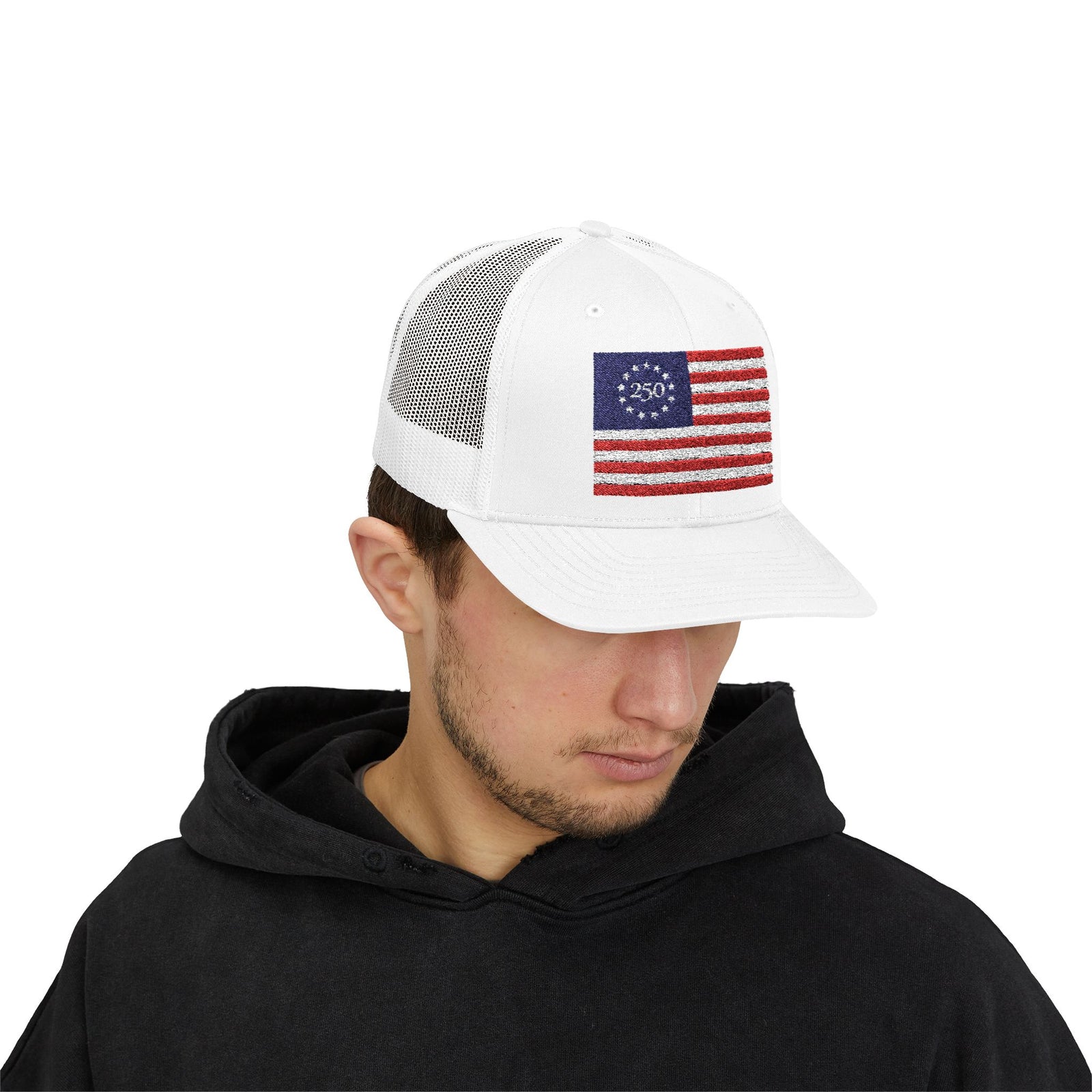 Betsy Ross Flag Snapback Trucker Cap — 250th Anniversary Vintage 13-Star American Flag Hat