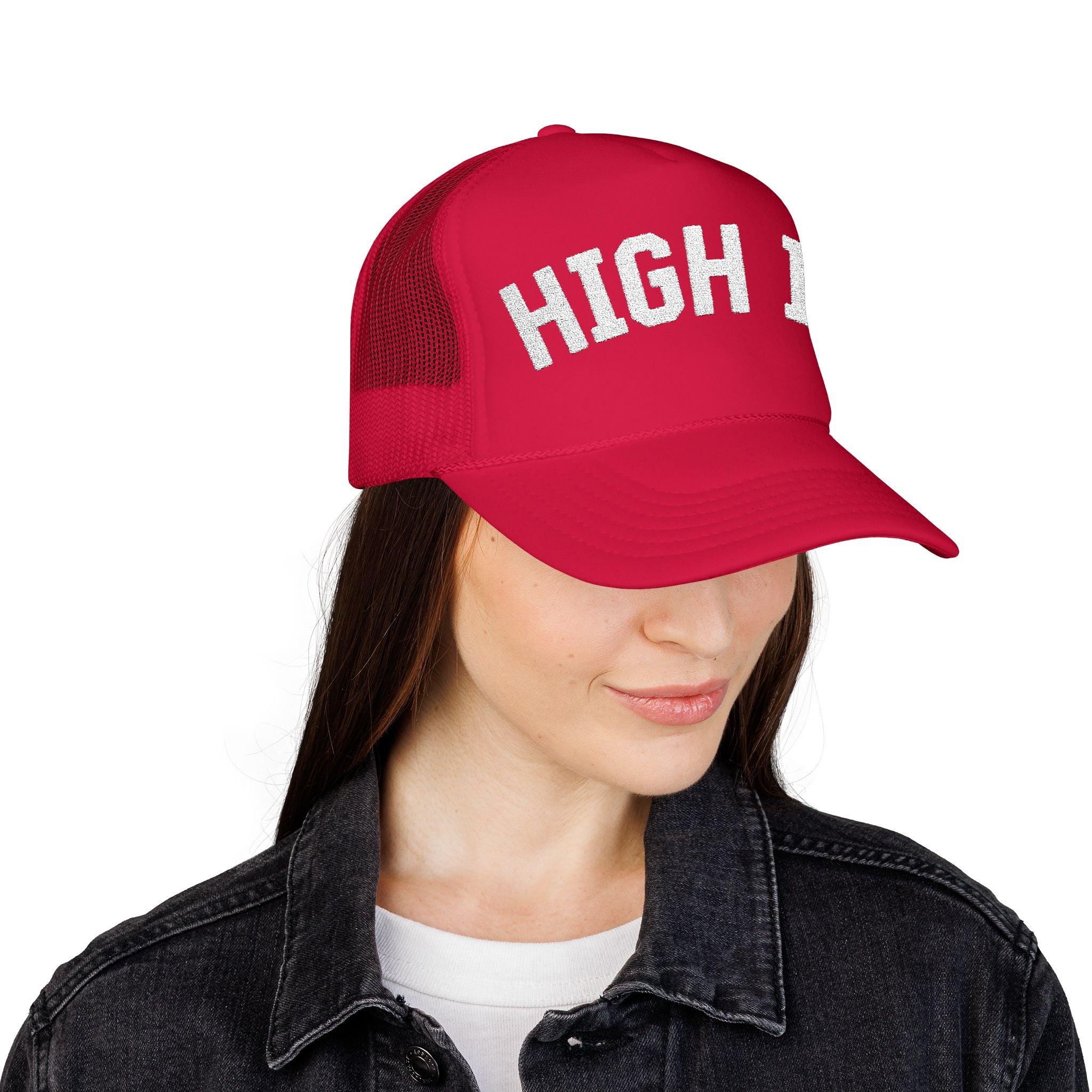 High IQ Foam Trucker Hat — Vintage Lettering Mesh Cap