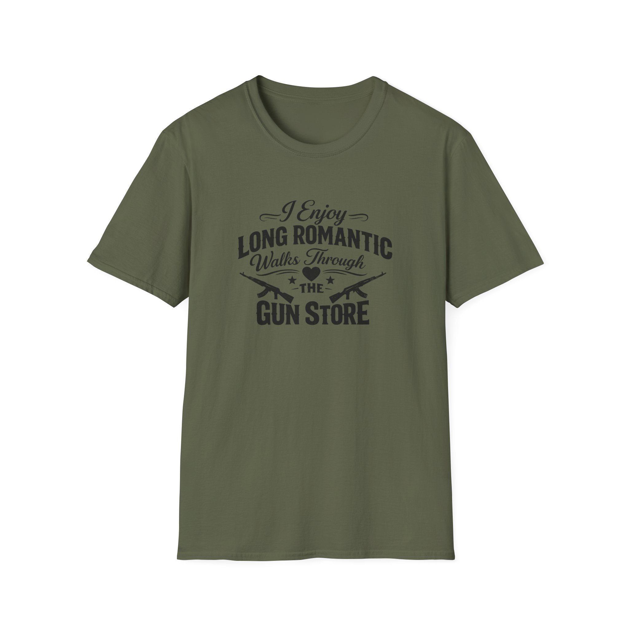 Gun Store Romance T-Shirt — "I Enjoy Long Romantic Walks Through the Gun Store" Graphic Tee
