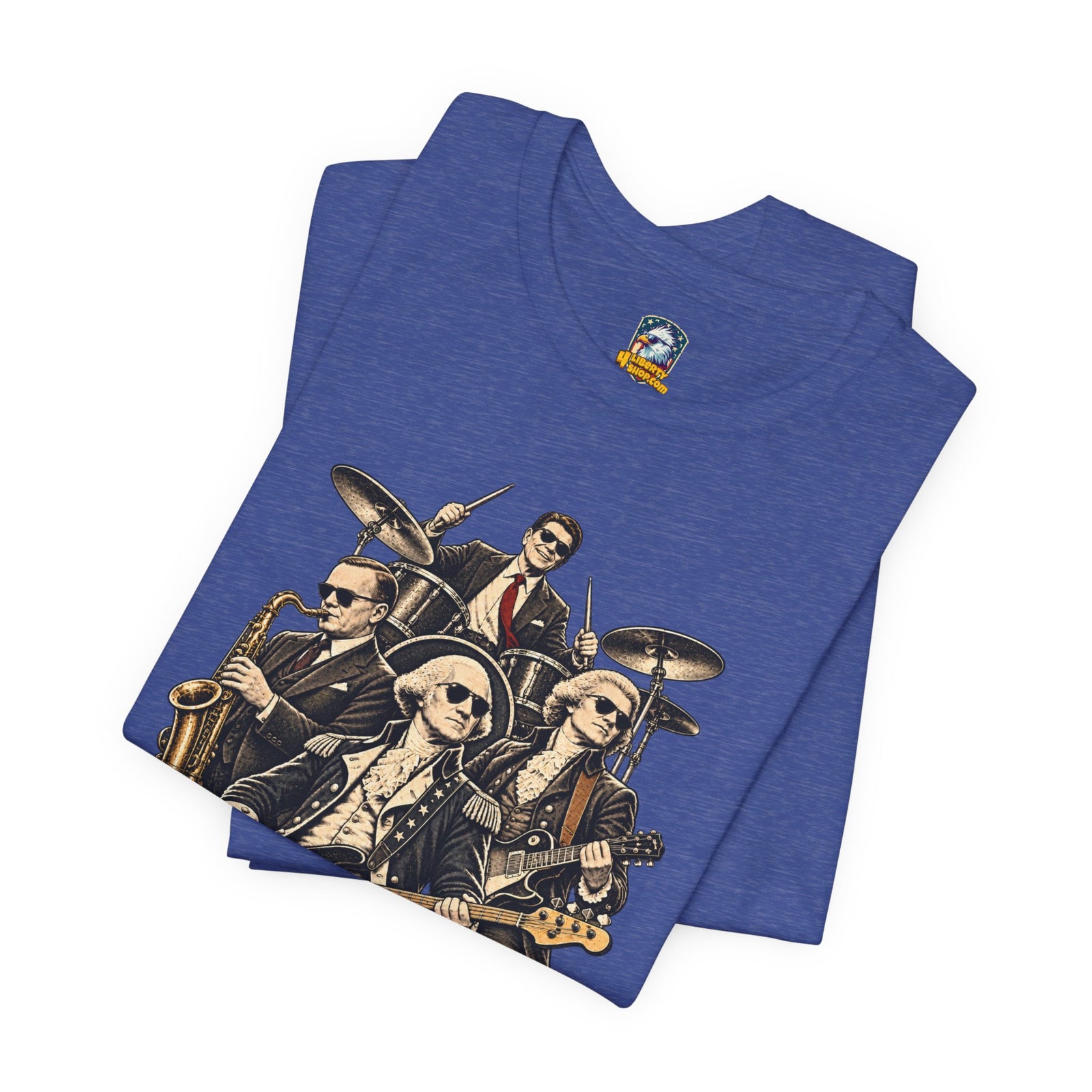 Washington, Jefferson, Reagan & Coolidge Rock Band Tee — Founding Fathers Vintage Musician Graphic T-Shirt - 4LibertyShop.com