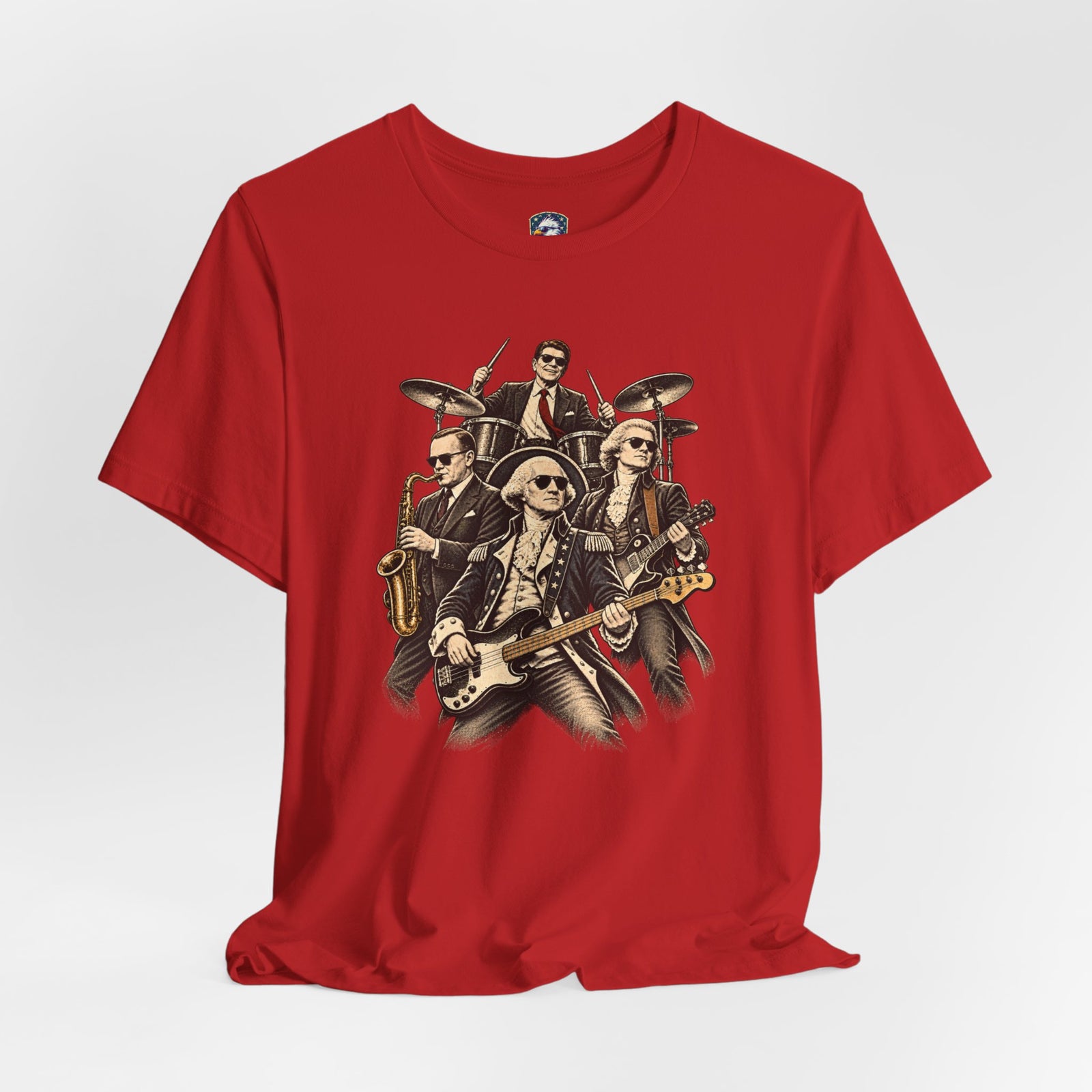 Washington, Jefferson, Reagan & Coolidge Rock Band Tee — Founding Fathers Vintage Musician Graphic T-Shirt - 4LibertyShop.com