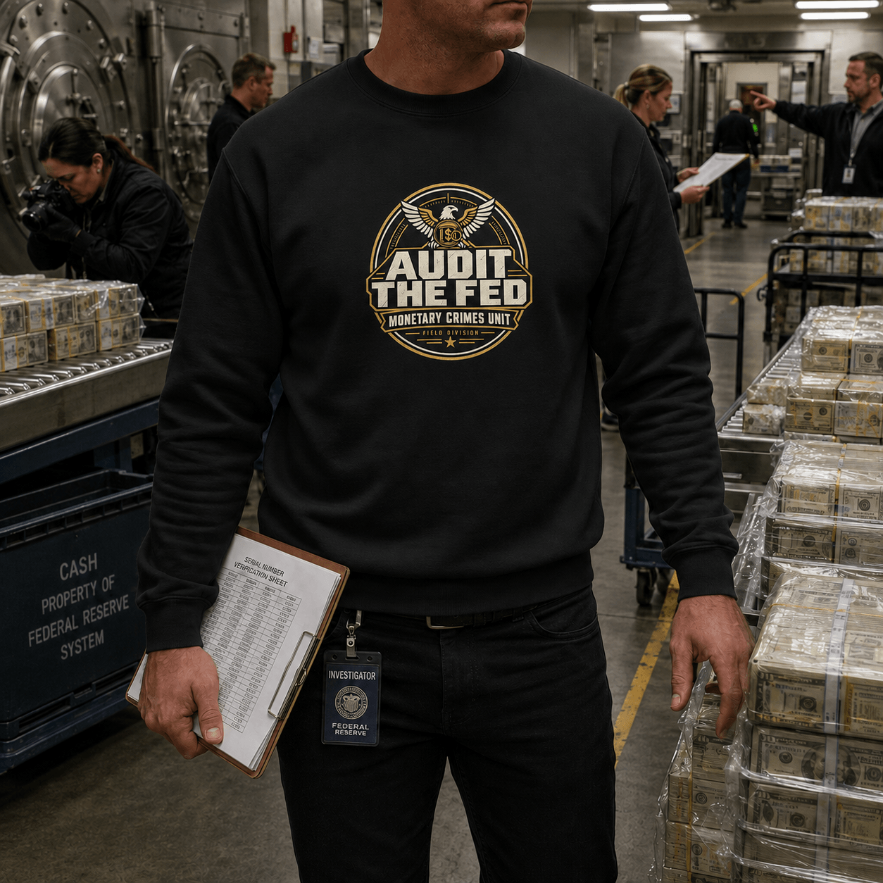 Audit The Fed Crewneck Sweatshirt — Monetary Crimes Unit Emblem - 4LibertyShop.com