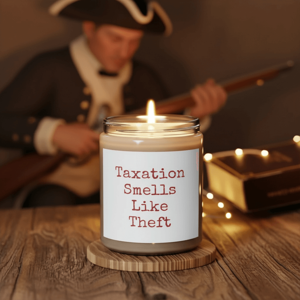 Taxation Smells Like Theft 9 oz candle lit in a warm home setting